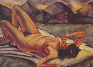 “Montañas” (1940) obra de Débora Arango. Es una mujer desnuda sobre un campo y al fondo unas montañas