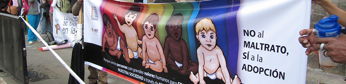 pendón con dibujos de bebés y con la leyenda: no al maltrato si a la adopción