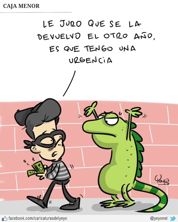 Juan Manuel con máscara de ladrón le dice a la lagartija de Ecopetrol (que tiene las manos arriba): Le juro que se la devuelvo el otro año, es que tengo una urgencia