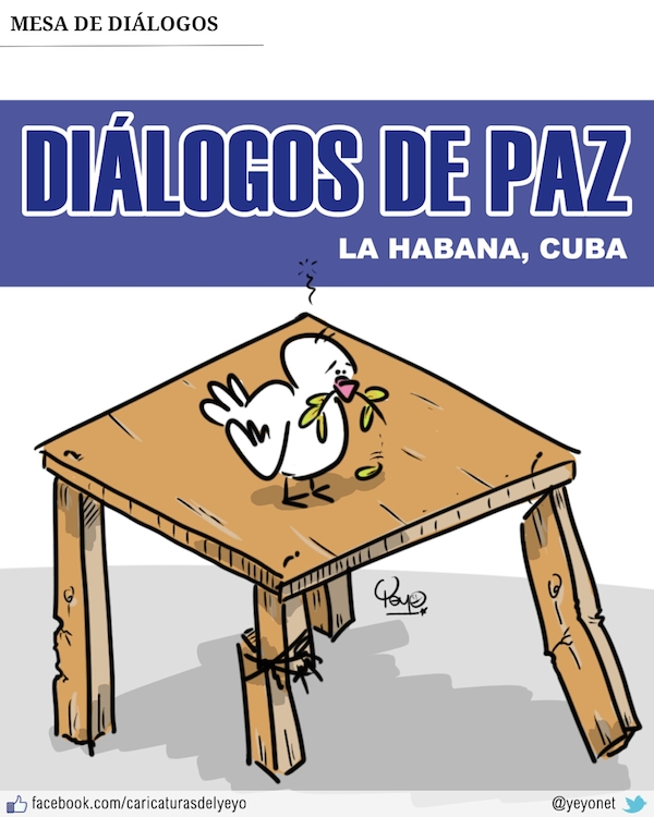 La mesa de los diálogos con una pata remendada y las otras torcidas