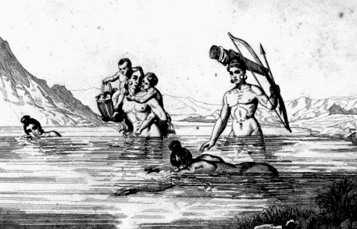 Mujeres Timucua pescando. Dibujo del artista francés Jacques Le Moyne.