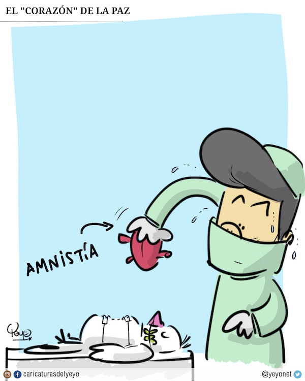 El corazón de la paz: JuanMa tiene un corazón que dice amnistía e intenta hacer una cirugía a la paloma de la paz para trasplantarlo. 