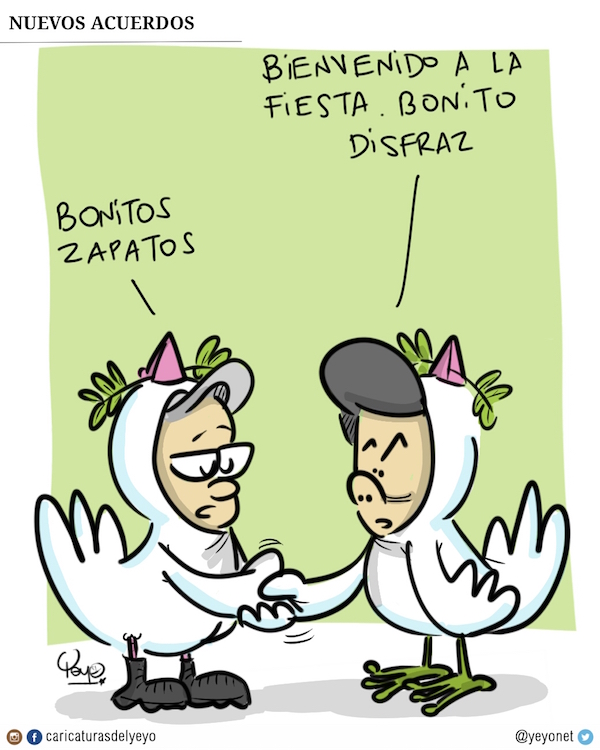 Juan Manuel y Uribe disfrazados de paloma de la paz