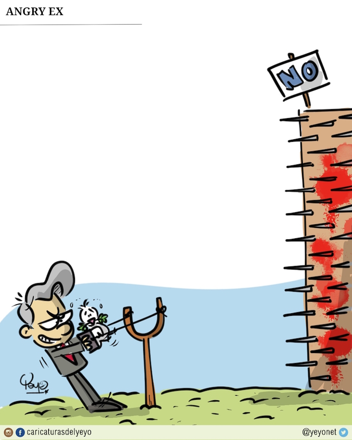 Al estilo angry bird Uribe pone en una cauchera a la paloma de la paz.