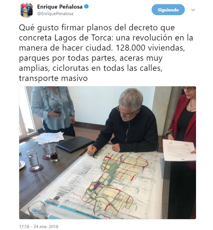 Twitter de Peñalosa firmando el decreto del Lago de Torca